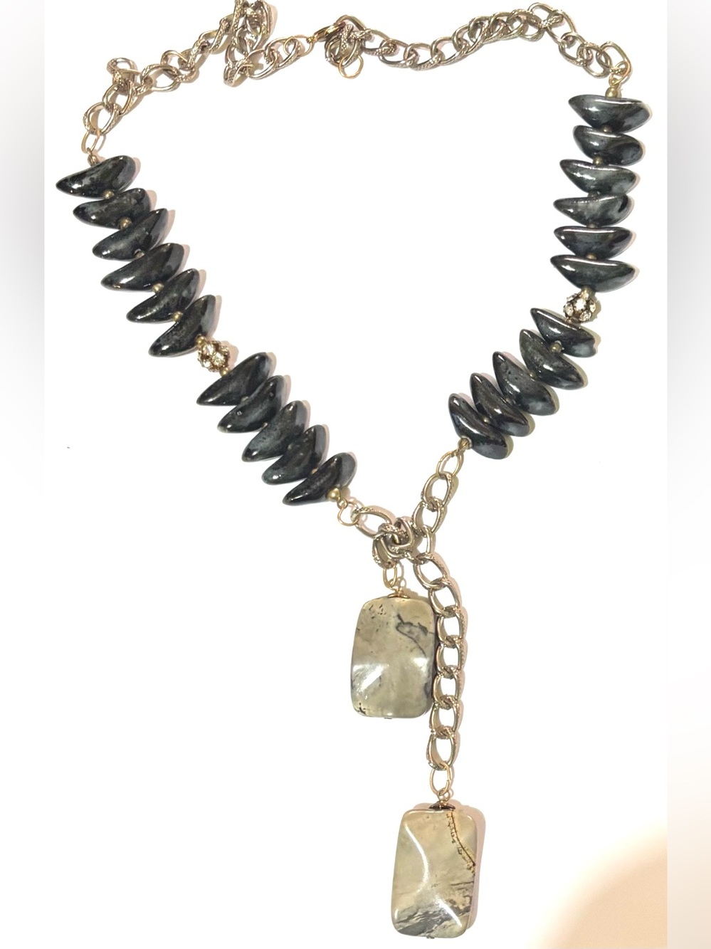 Handmade Gold Chain Necklace with Black Stone agate Beads